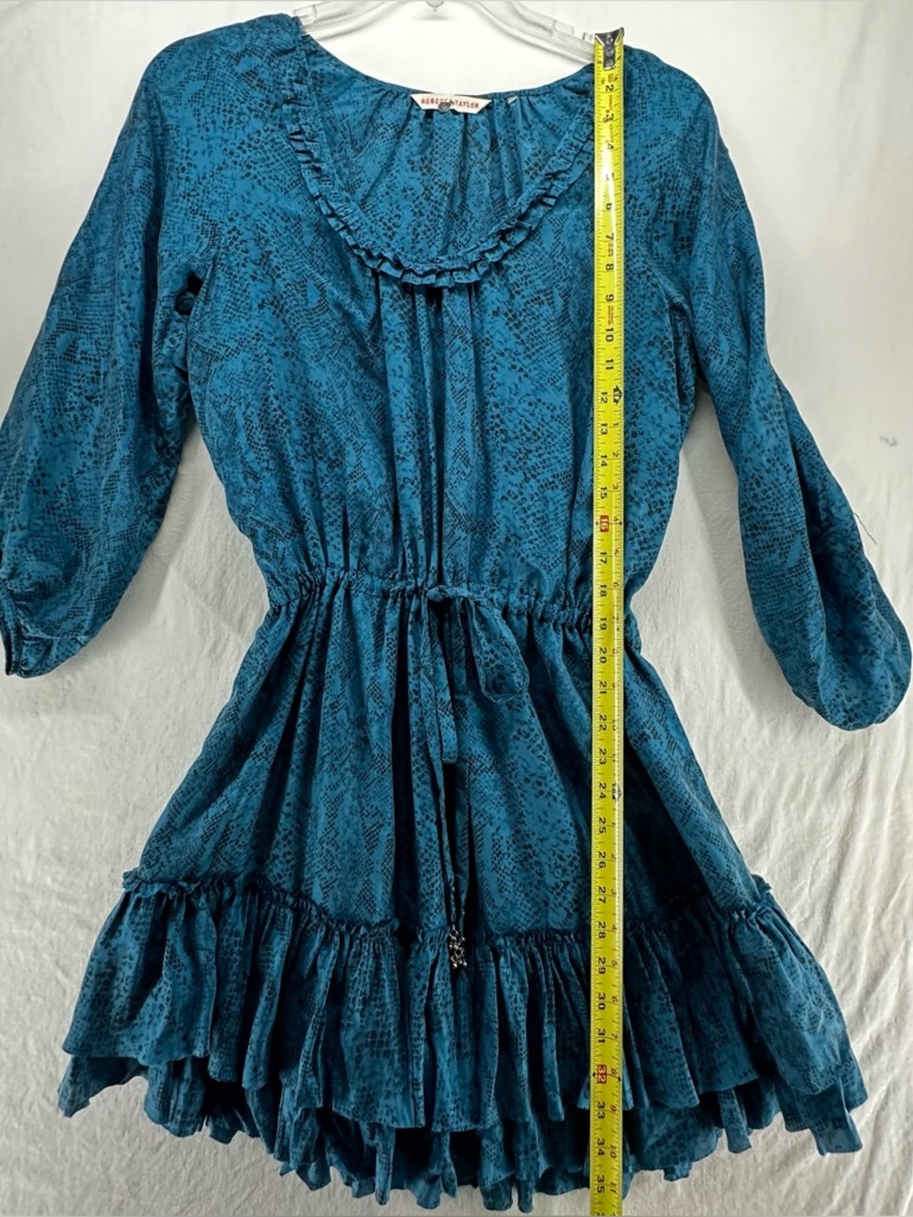 Rebecca Taylor Dress Python Print 3/4 Sleeve Silk Tie Waist Ruffle Blue Size 8 - Picture 6 of 9